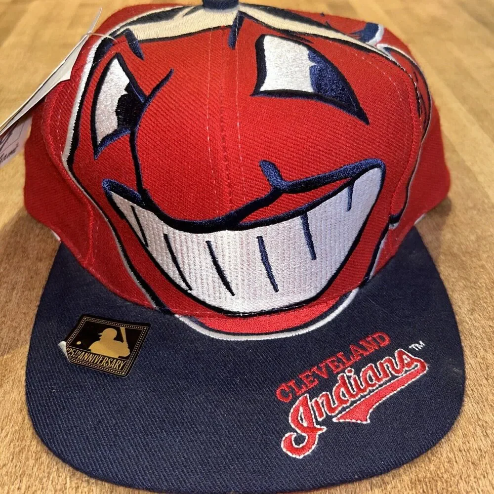 VINTAGE NWT 90' CLEVELAND INDIANS BIG INDIAN HEAD MLB‎ BLUE/RED WOOL SNAPBACK